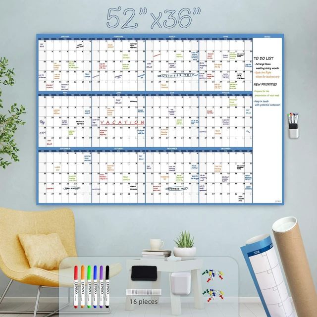 Main image of Large Dry Erase Wall Calendar - 52"x36" - Blank Undated Yearly Calendar - Whiteboard Premium Laminated Planner - Reusable Laminated Office Jumbo 12 Months Calendar