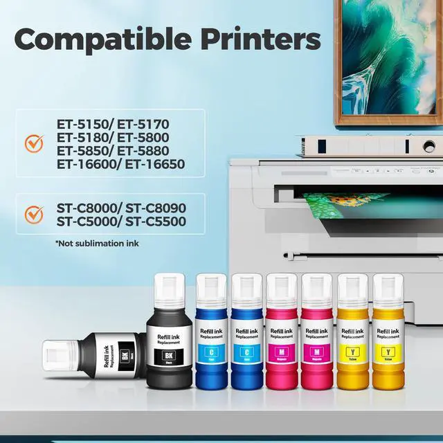 Alt view image 2 of 7 - Compatible for EPT542 Ink Refill Bottles ET-5150 ET-5170 ET-5850 ET-5800 Replacement for Ink Refill Bottles (8Pack) for Pro ET-5180 ET-5880 ET-16600 ET-16650 ET5150 ET5170 ET5180 ET5850 5880 Printer