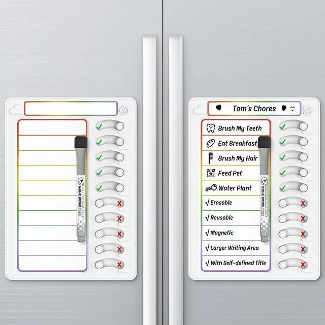 Main image of Chore Chart for Kids Dry Erase Chore Board ADHD Tools for Kids to Do List Checklist Task Board Routine Chart Planning Board for Fridge with 10 Sliders and Magnetic Marker, White and Rainbow, 2 Pack