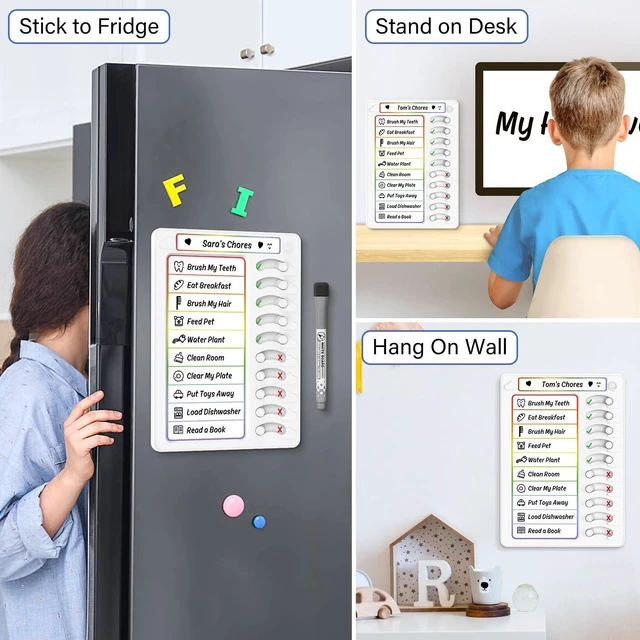 Alt view image 5 of 7 - Chore Chart for Kids Dry Erase Chore Board ADHD Tools for Kids to Do List Checklist Task Board Routine Chart Planning Board for Fridge with 10 Sliders and Magnetic Marker, White and Rainbow, 2 Pack