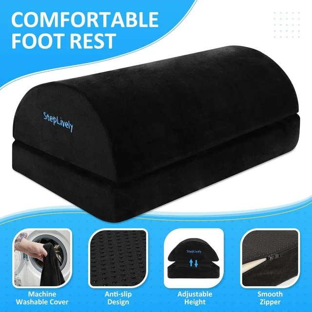 Alt view image 2 of 7 - Foot Rest for Under Desk at Work, 2 Heights Foot Stool, Black, X-Large Comfortable Office Desk Accessories with 2 Adjustable Heights, Washable Cover, Footrest for Office, Home and Car Foot Support