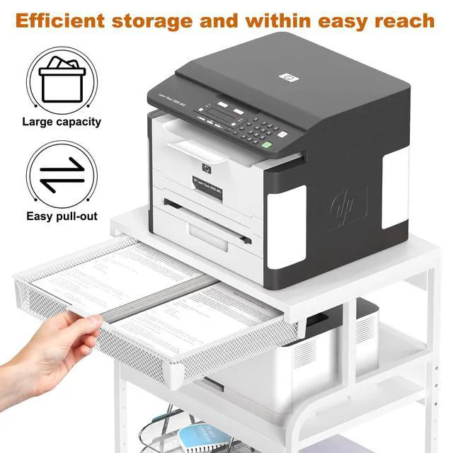 Alt view image 3 of 7 - 23.6"×18.9" Extra Large Printer Stand with Drawer & Wheels White 5-Adjustable Shelves 3-Tier Table, Rolling Heavy Duty Printer Cart with Storage, Fits Printer Scanner Fax for Home Office Use