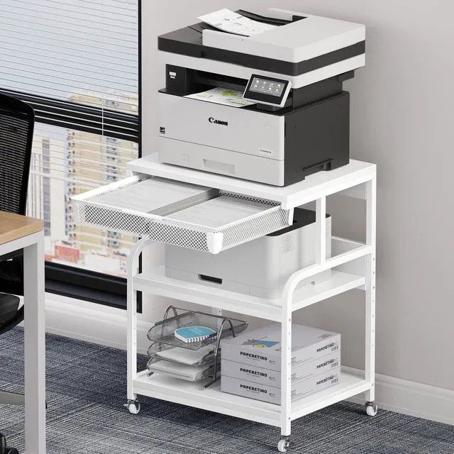 Main image of 23.6"×18.9" Extra Large Printer Stand with Drawer & Wheels White 5-Adjustable Shelves 3-Tier Table, Rolling Heavy Duty Printer Cart with Storage, Fits Printer Scanner Fax for Home Office Use