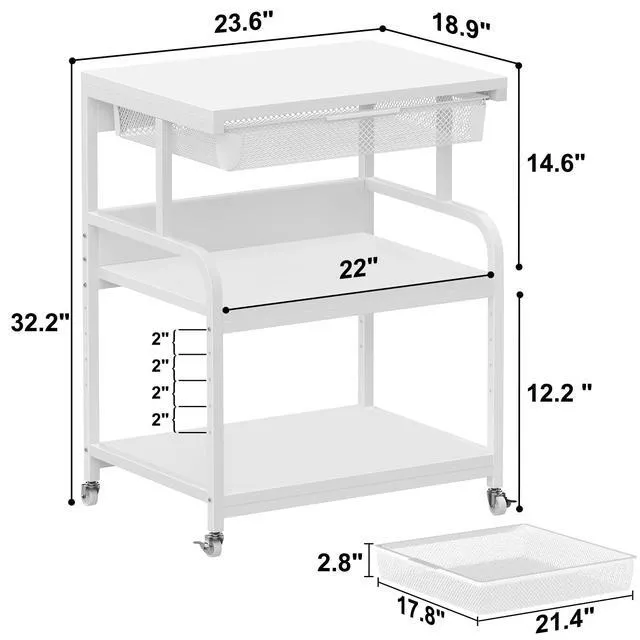 Alt view image 6 of 7 - 23.6"×18.9" Extra Large Printer Stand with Drawer & Wheels White 5-Adjustable Shelves 3-Tier Table, Rolling Heavy Duty Printer Cart with Storage, Fits Printer Scanner Fax for Home Office Use