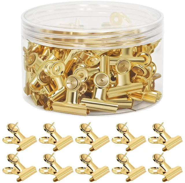 Main image of Golden Push Pins Clips (60 Pcs), Upgraded Thumb Tacks with Metal Clips for Cork Board, Bulletin Board Photos Notes Documents, No Hole Paper Clips Durable Office and School Supplies with Stronger Glue