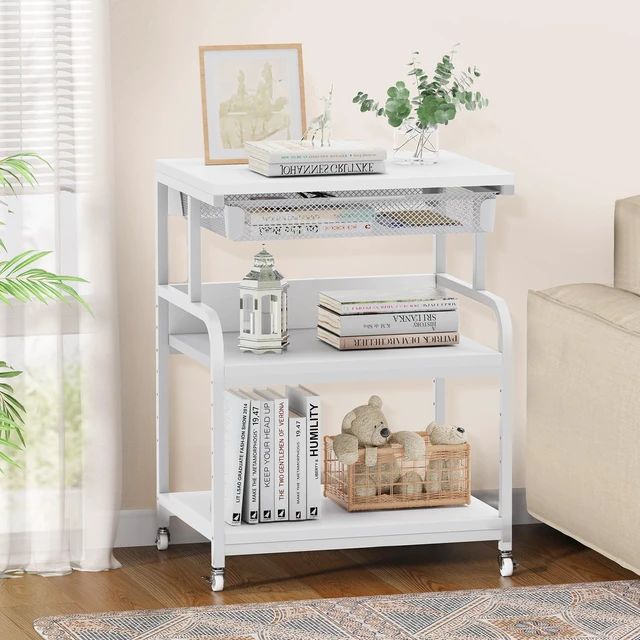 Alt view image 7 of 7 - 23.6"×18.9" Extra Large Printer Stand with Drawer & Wheels White 5-Adjustable Shelves 3-Tier Table, Rolling Heavy Duty Printer Cart with Storage, Fits Printer Scanner Fax for Home Office Use