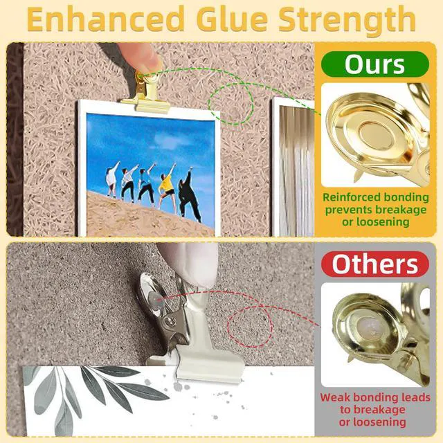 Alt view image 2 of 7 - Golden Push Pins Clips (60 Pcs), Upgraded Thumb Tacks with Metal Clips for Cork Board, Bulletin Board Photos Notes Documents, No Hole Paper Clips Durable Office and School Supplies with Stronger Glue