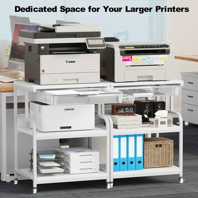Alt view image 2 of 7 - 23.6"×18.9" Extra Large Printer Stand with Drawer & Wheels White 5-Adjustable Shelves 3-Tier Table, Rolling Heavy Duty Printer Cart with Storage, Fits Printer Scanner Fax for Home Office Use