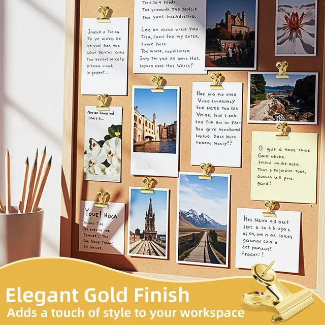 Alt view image 4 of 7 - Golden Push Pins Clips (60 Pcs), Upgraded Thumb Tacks with Metal Clips for Cork Board, Bulletin Board Photos Notes Documents, No Hole Paper Clips Durable Office and School Supplies with Stronger Glue
