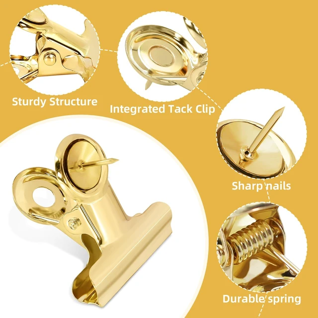 Alt view image 5 of 7 - Golden Push Pins Clips (60 Pcs), Upgraded Thumb Tacks with Metal Clips for Cork Board, Bulletin Board Photos Notes Documents, No Hole Paper Clips Durable Office and School Supplies with Stronger Glue