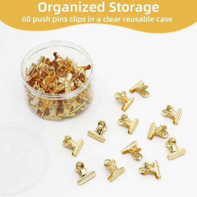 Alt view image 6 of 7 - Golden Push Pins Clips (60 Pcs), Upgraded Thumb Tacks with Metal Clips for Cork Board, Bulletin Board Photos Notes Documents, No Hole Paper Clips Durable Office and School Supplies with Stronger Glue