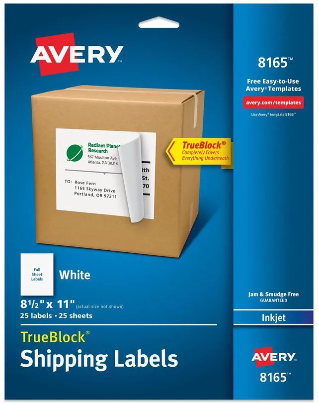 Main image of Full-Sheet Printable Shipping Labels, 8.5" x 11" Customizable Stickers, White, 25 Blank Mailing Labels, Great for Mailing, Shipping, Organizing, and More (8165)