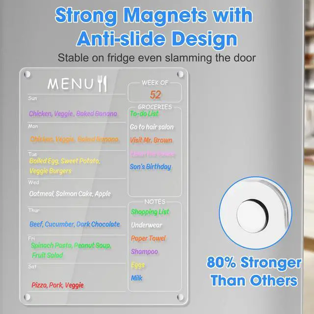 Alt view image 3 of 7 - Acrylic Menu Board for Kitchen Weekly Meal Planner Magnetic Planning Board w/ 8 Markers, Clear Weekly Calendar for Fridge Refrigerator Dry Erase Board Noteboard to Do Grocery Shopping List, 12x9