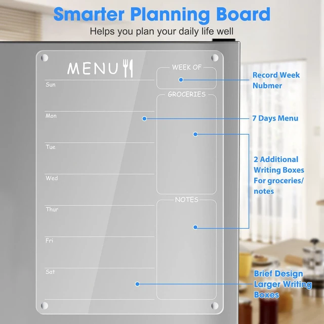 Alt view image 4 of 7 - Acrylic Menu Board for Kitchen Weekly Meal Planner Magnetic Planning Board w/ 8 Markers, Clear Weekly Calendar for Fridge Refrigerator Dry Erase Board Noteboard to Do Grocery Shopping List, 12x9