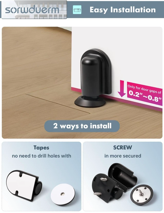 Alt view image 5 of 7 - 4 Pack Black Door Stopper Magnetic Door Cathc Matte Black Floor Mounted Door Stop Keep Door Open with Screws and Adhesive No Drilling