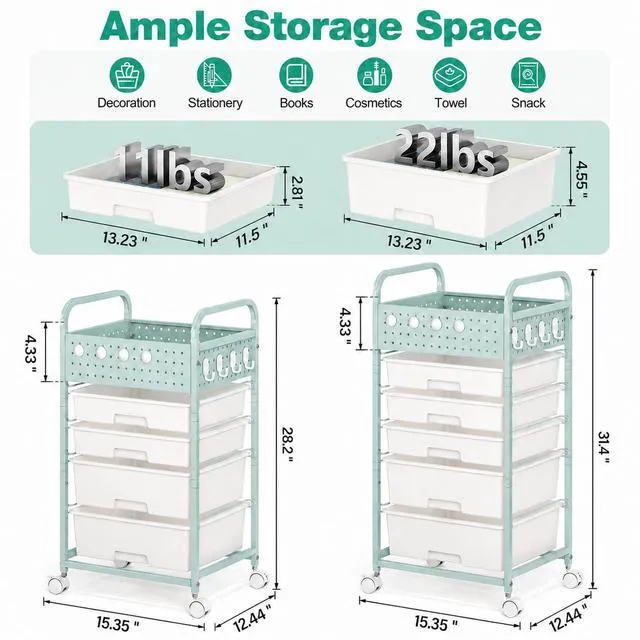 Alt view image 2 of 7 - Drawer Rolling Storage Cart with Pegboard Top and Hooks, Green, 4-Drawers