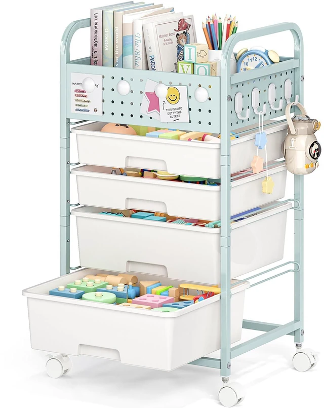 Main image of Drawer Rolling Storage Cart with Pegboard Top and Hooks, Green, 4-Drawers