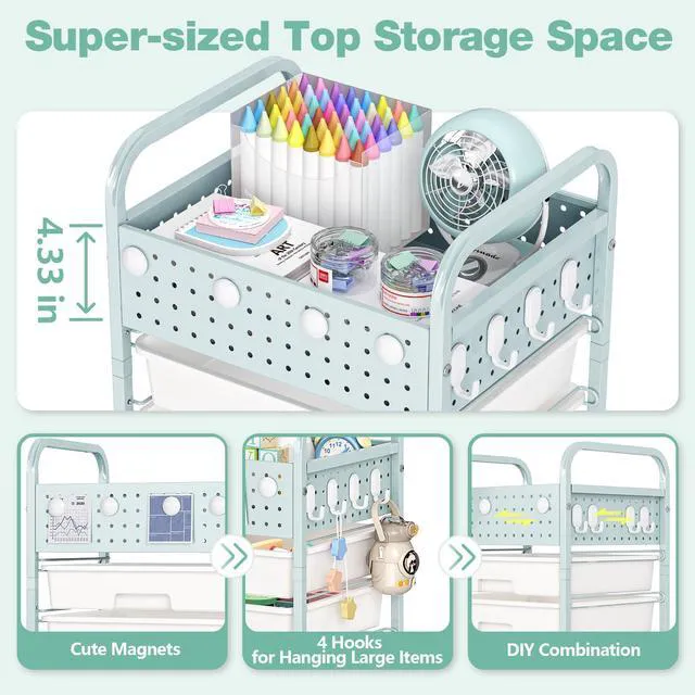 Alt view image 4 of 7 - Drawer Rolling Storage Cart with Pegboard Top and Hooks, Green, 4-Drawers