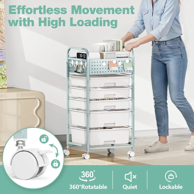 Alt view image 5 of 7 - Drawer Rolling Storage Cart with Pegboard Top and Hooks, Green, 4-Drawers