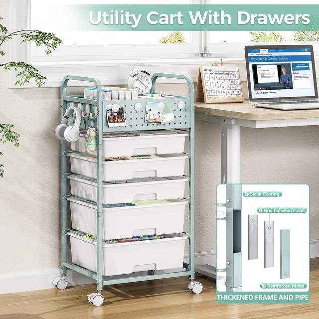 Alt view image 6 of 7 - Drawer Rolling Storage Cart with Pegboard Top and Hooks, Green, 4-Drawers