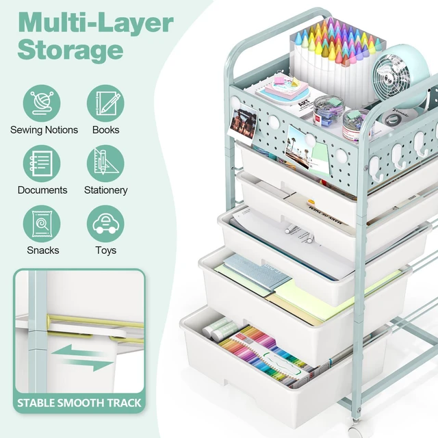 Alt view image 3 of 7 - Drawer Rolling Storage Cart with Pegboard Top and Hooks, Green, 4-Drawers