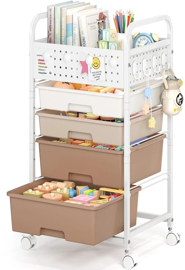 Main image of 4 Drawer Rolling Storage Cart with Pegboard Top and Hooks, Brown Mobile Organizer Cart with Wheels for Office Supplies, Craft Storage, Classroom Organization, Home Utility Cart