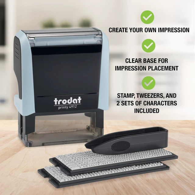 Alt view image 2 of 7 - Printy 4912 Self Inking DIY Stamp Kit Black Ink, 3/4 x 1-7/8 Do It Yourself Stamp in Pastel Blue; Up to 4 lines for custom message; Tweezers and 2 character sets included; Black Ink