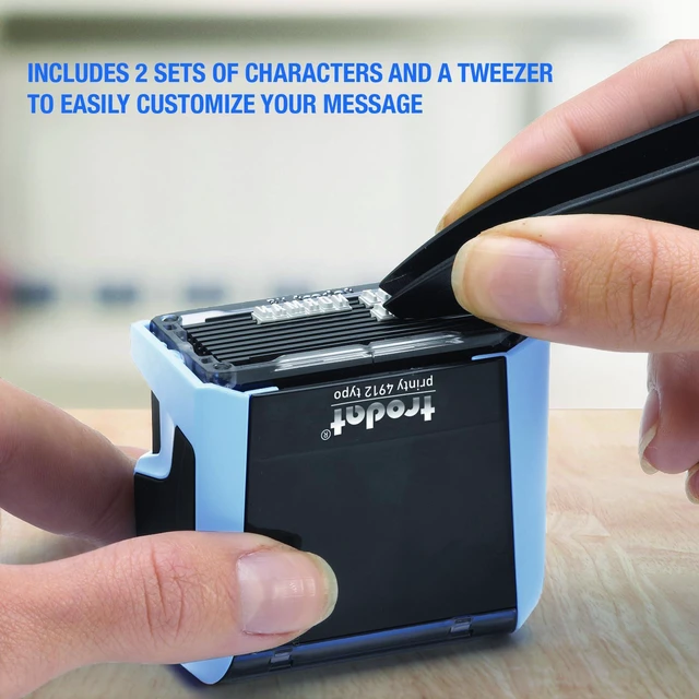 Alt view image 4 of 7 - Printy 4912 Self Inking DIY Stamp Kit Black Ink, 3/4 x 1-7/8 Do It Yourself Stamp in Pastel Blue; Up to 4 lines for custom message; Tweezers and 2 character sets included; Black Ink
