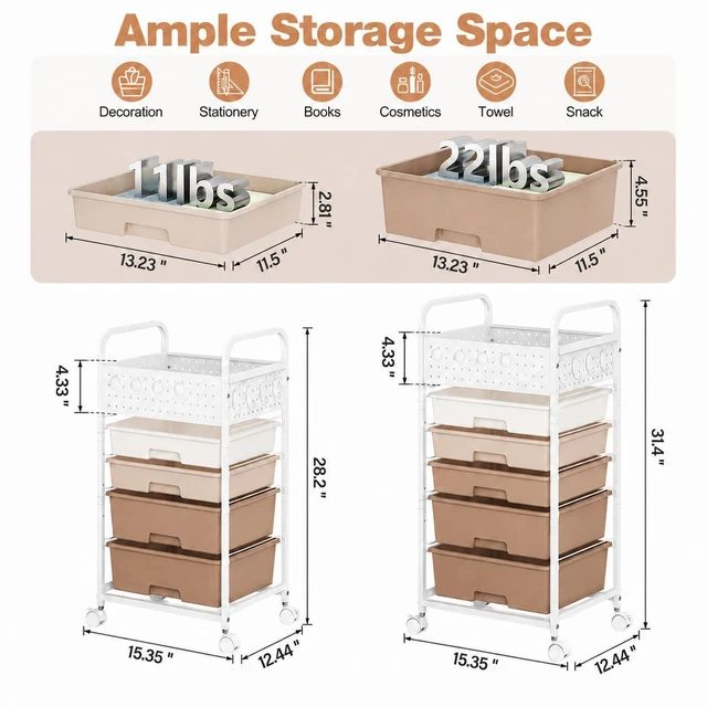 Alt view image 2 of 7 - 4 Drawer Rolling Storage Cart with Pegboard Top and Hooks, Brown Mobile Organizer Cart with Wheels for Office Supplies, Craft Storage, Classroom Organization, Home Utility Cart