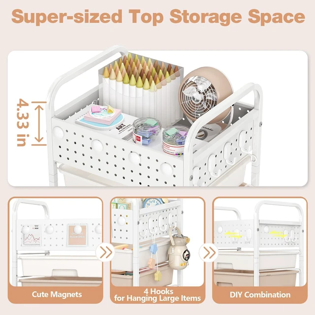 Alt view image 3 of 7 - 4 Drawer Rolling Storage Cart with Pegboard Top and Hooks, Brown Mobile Organizer Cart with Wheels for Office Supplies, Craft Storage, Classroom Organization, Home Utility Cart