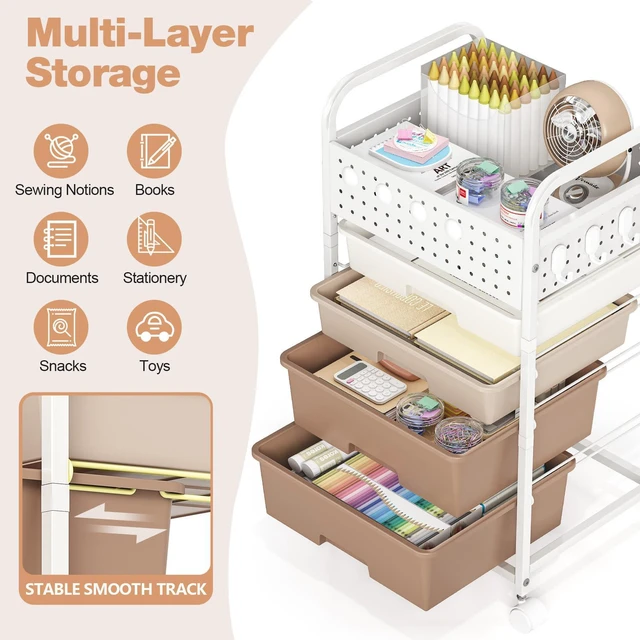 Alt view image 4 of 7 - 4 Drawer Rolling Storage Cart with Pegboard Top and Hooks, Brown Mobile Organizer Cart with Wheels for Office Supplies, Craft Storage, Classroom Organization, Home Utility Cart