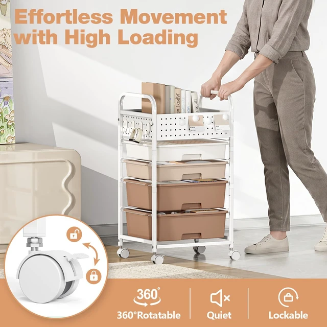 Alt view image 5 of 7 - 4 Drawer Rolling Storage Cart with Pegboard Top and Hooks, Brown Mobile Organizer Cart with Wheels for Office Supplies, Craft Storage, Classroom Organization, Home Utility Cart