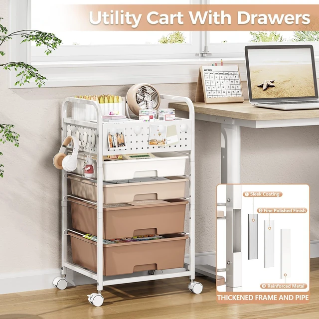 Alt view image 6 of 7 - 4 Drawer Rolling Storage Cart with Pegboard Top and Hooks, Brown Mobile Organizer Cart with Wheels for Office Supplies, Craft Storage, Classroom Organization, Home Utility Cart