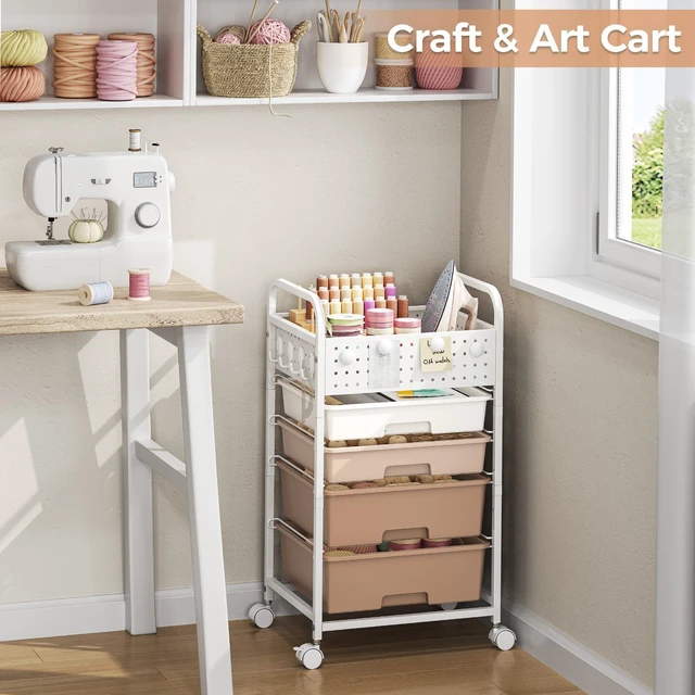 Alt view image 7 of 7 - 4 Drawer Rolling Storage Cart with Pegboard Top and Hooks, Brown Mobile Organizer Cart with Wheels for Office Supplies, Craft Storage, Classroom Organization, Home Utility Cart