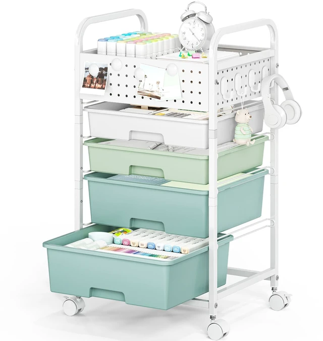 Main image of 4 Drawer Rolling Storage Cart with Pegboard Top and Hooks, Gradient Green Mobile Organizer Cart with Wheels for Office Supplies, Craft Storage, Classroom Organization, Home Utility Cart