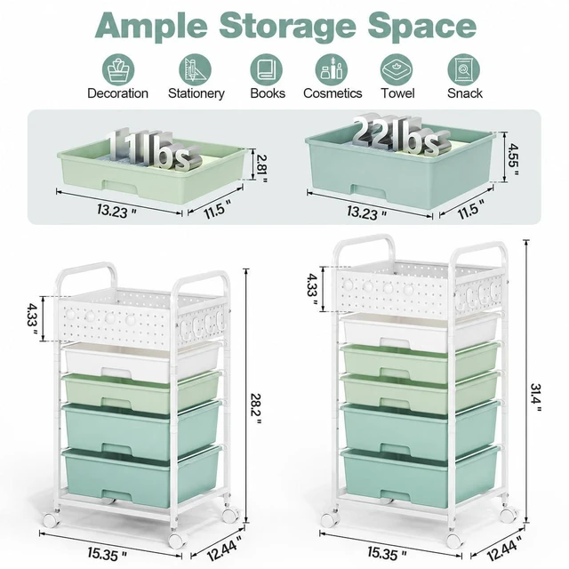 Alt view image 2 of 7 - 4 Drawer Rolling Storage Cart with Pegboard Top and Hooks, Gradient Green Mobile Organizer Cart with Wheels for Office Supplies, Craft Storage, Classroom Organization, Home Utility Cart