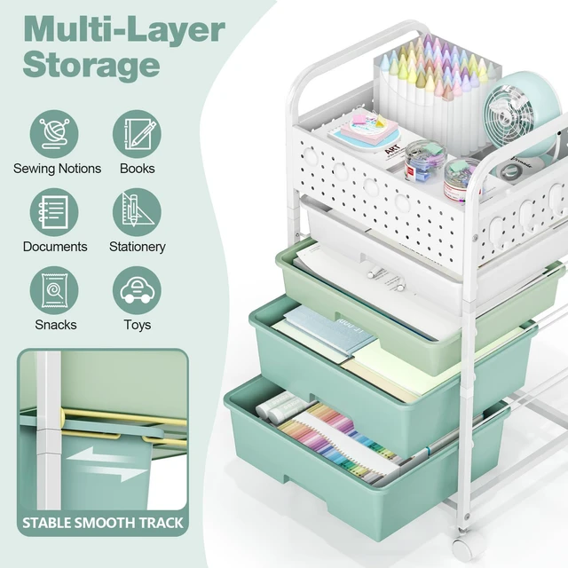 Alt view image 3 of 7 - 4 Drawer Rolling Storage Cart with Pegboard Top and Hooks, Gradient Green Mobile Organizer Cart with Wheels for Office Supplies, Craft Storage, Classroom Organization, Home Utility Cart