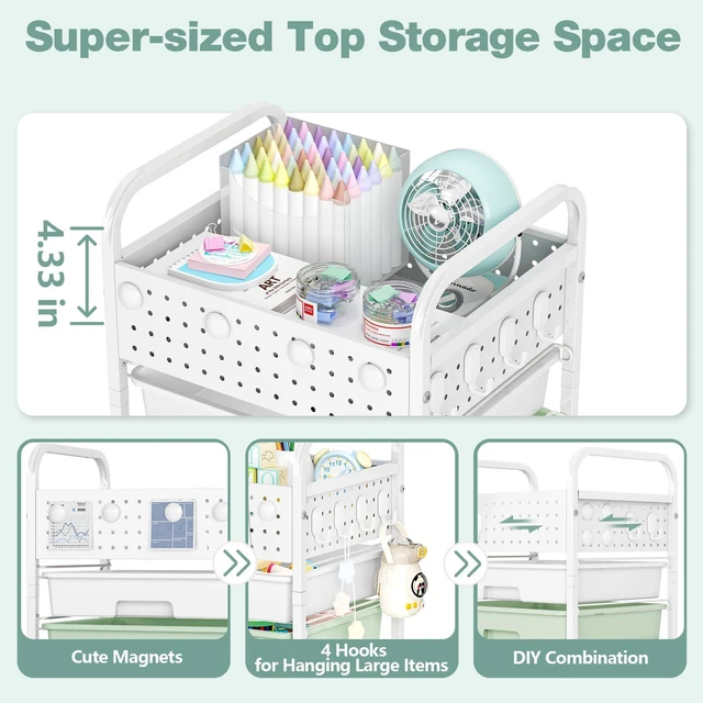 Alt view image 4 of 7 - 4 Drawer Rolling Storage Cart with Pegboard Top and Hooks, Gradient Green Mobile Organizer Cart with Wheels for Office Supplies, Craft Storage, Classroom Organization, Home Utility Cart