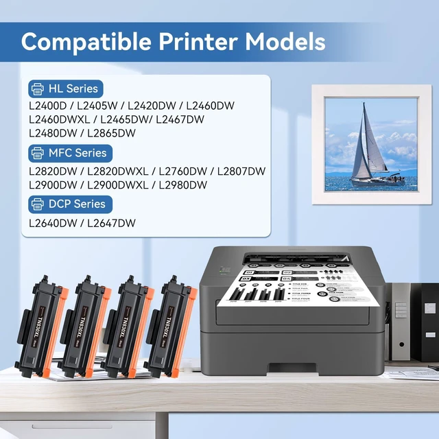 Alt view image 2 of 7 - TN830XL TN830 XL/V/R Toner Compatible for Brother Printer L2640DW L2460DW TN-830XL Black High Yield for DCP-L2640DW HL-L2460DW L2480DW MFC-L2820DW XL HL-L2405W L2400D 2465DW 4-Pack Office printing