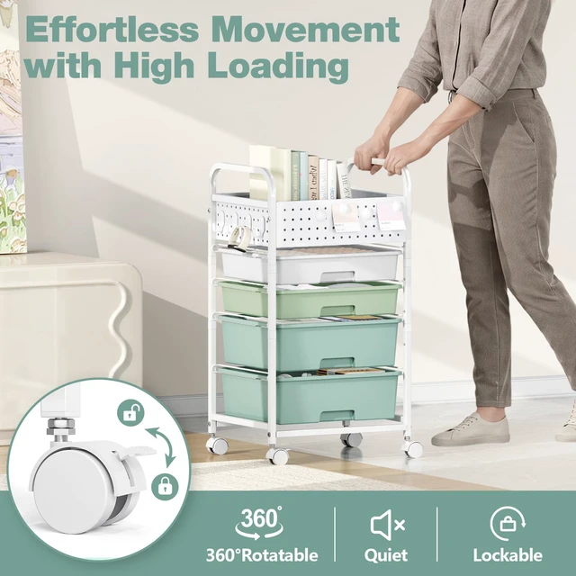 Alt view image 5 of 7 - 4 Drawer Rolling Storage Cart with Pegboard Top and Hooks, Gradient Green Mobile Organizer Cart with Wheels for Office Supplies, Craft Storage, Classroom Organization, Home Utility Cart