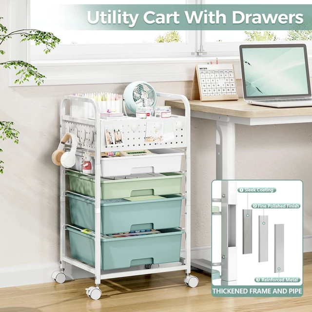 Alt view image 6 of 7 - 4 Drawer Rolling Storage Cart with Pegboard Top and Hooks, Gradient Green Mobile Organizer Cart with Wheels for Office Supplies, Craft Storage, Classroom Organization, Home Utility Cart