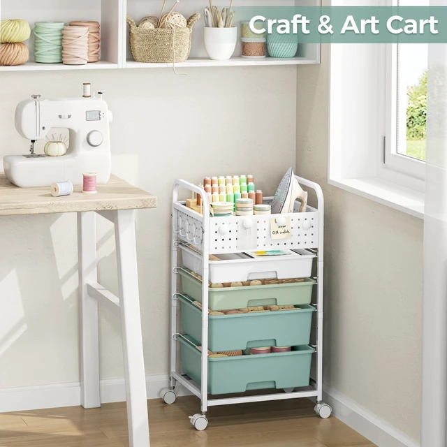 Alt view image 7 of 7 - 4 Drawer Rolling Storage Cart with Pegboard Top and Hooks, Gradient Green Mobile Organizer Cart with Wheels for Office Supplies, Craft Storage, Classroom Organization, Home Utility Cart