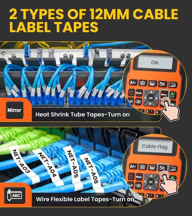 Alt view image 3 of 7 - E1000 Heat Shrink Label Maker, Wire Label Maker Waterproof-Labels 12mm 0.47 Labeler Machine, 2PK Heat Shrink Tube Tapes & 2PK Flexible Cable Flag Tapes, for Industrial Electrical Use