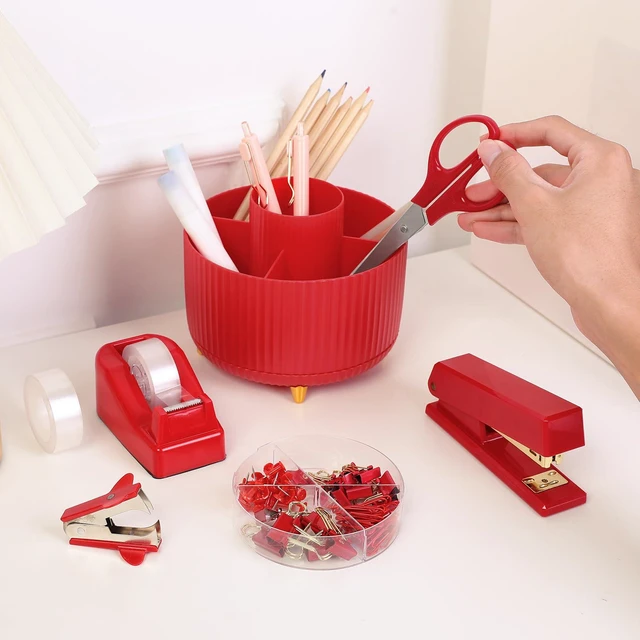Alt view image 2 of 7 - Red Office Supplies Set, Desk Accessories, Stapler, Tape Dispenser, Scissors, Binder/Paper Clips and 1000pcs Staples, Office Decor for Women