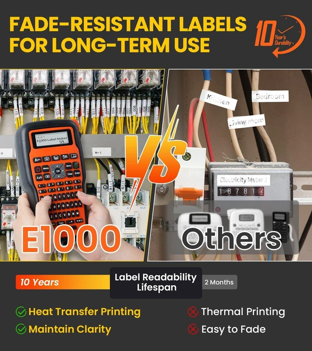 Alt view image 6 of 7 - E1000 Heat Shrink Label Maker, Wire Label Maker Waterproof-Labels 12mm 0.47 Labeler Machine, 2PK Heat Shrink Tube Tapes & 2PK Flexible Cable Flag Tapes, for Industrial Electrical Use
