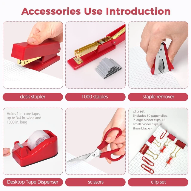 Alt view image 5 of 7 - Red Office Supplies Set, Desk Accessories, Stapler, Tape Dispenser, Scissors, Binder/Paper Clips and 1000pcs Staples, Office Decor for Women