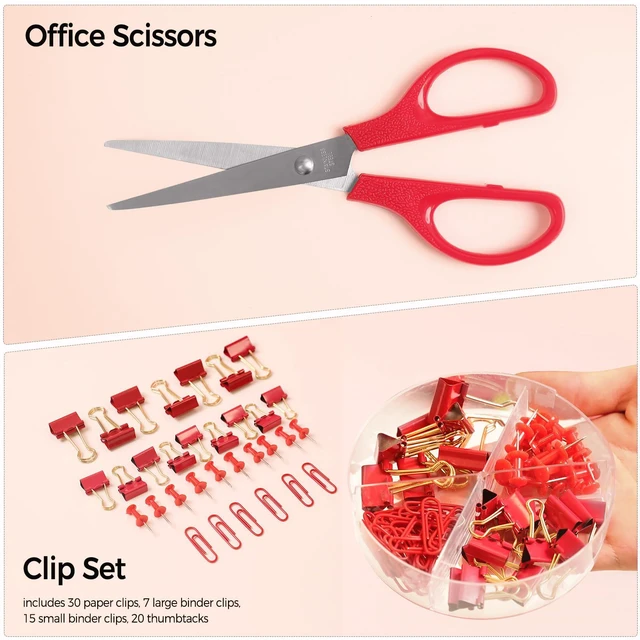 Alt view image 4 of 7 - Red Office Supplies Set, Desk Accessories, Stapler, Tape Dispenser, Scissors, Binder/Paper Clips and 1000pcs Staples, Office Decor for Women