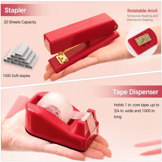 Alt view image 3 of 7 - Red Office Supplies Set, Desk Accessories, Stapler, Tape Dispenser, Scissors, Binder/Paper Clips and 1000pcs Staples, Office Decor for Women