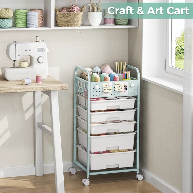 Alt view image 7 of 7 - Drawer Rolling Storage Cart with Pegboard Top and Hooks, Green, 4-Drawers