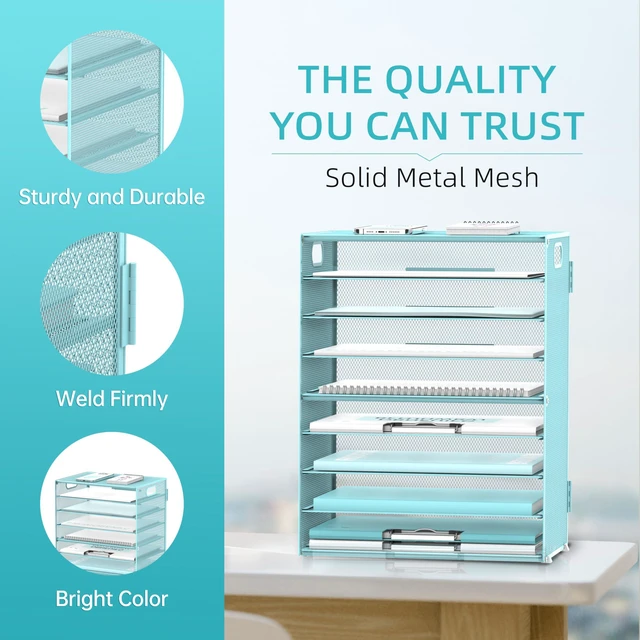 Alt view image 4 of 6 - 9-Tier Paper Organizer for Desk, Metal Mesh Letter Tray with Handles, Blue Desk File Organizer with Removable Trays for Sorting Files, Folders, Mail and Printer Paper at Home, School or Office